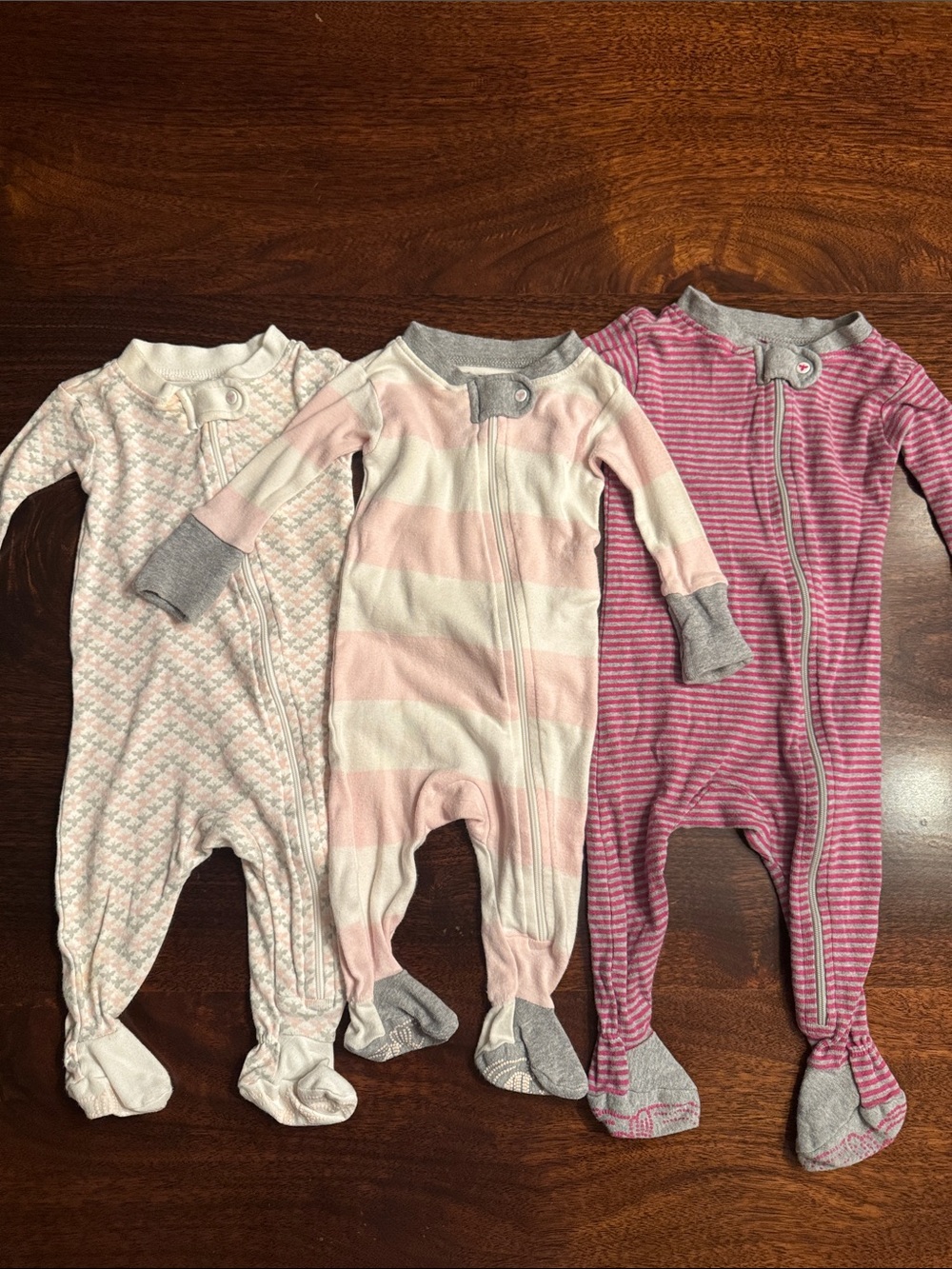 Burt's Bees Baby Pink and Cream Striped & Patterned Footed One-Pieces - 3 Pack